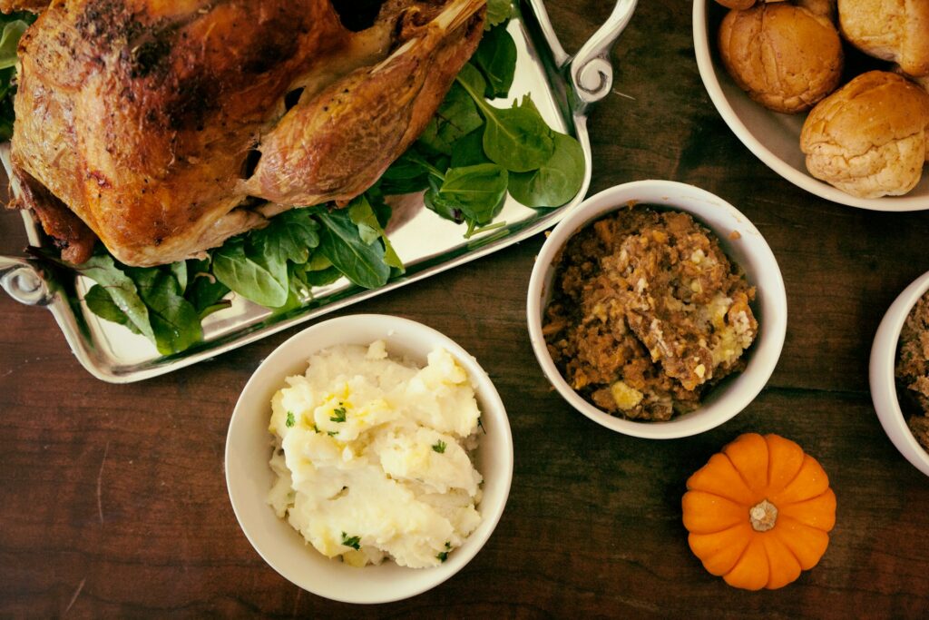 Turkey, mashed potatoes, and stuffing